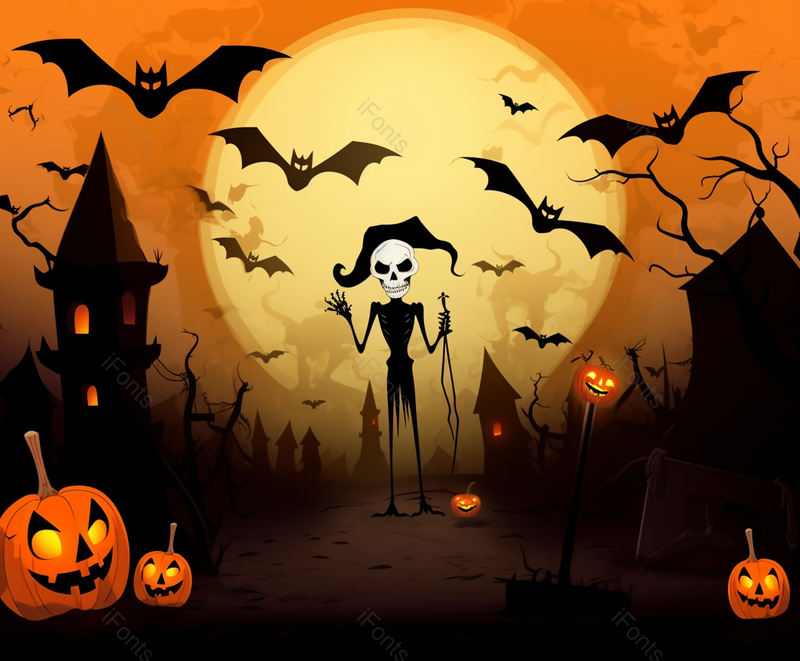 黄色的背景恐怖的图片素材插画万圣节设计元素南瓜蝙蝠树杆骷髅头亮光黑夜,高清,摄影图,摄影图片,图片大全,摄影图免费下载